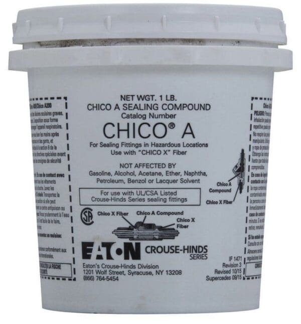 A white bucket of cement with the label chico a.