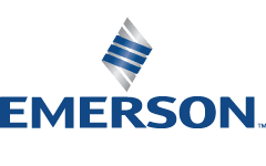 A blue and white logo for emerson