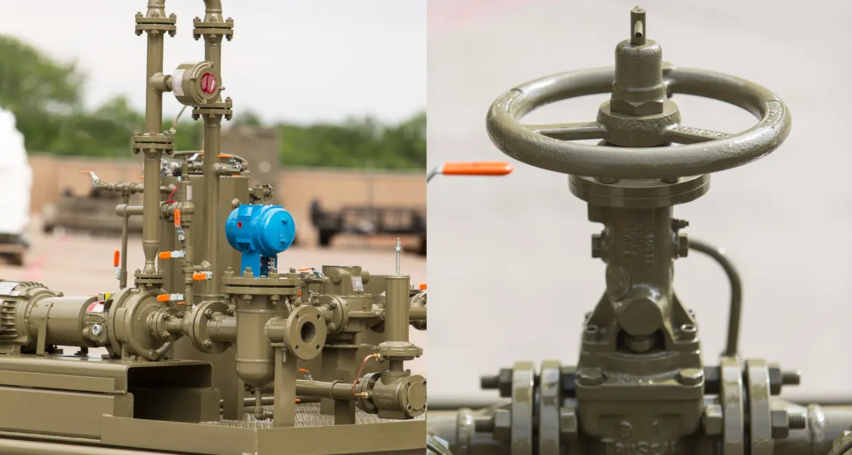 A close up of valves and pipes on an oil rig.