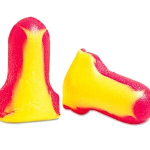 Red and yellow earplugs for noise protection.