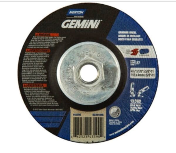 NOR66252843590 Norton 4-1/2" x 1/8" x 5/8"-11 Gemini XXL Pipeline Grinding and Cutting Wheel. 10 pack.