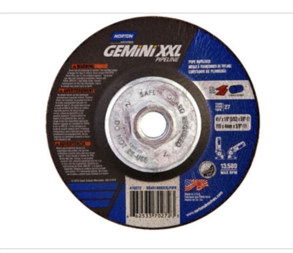 NOR66253370272 Norton 4-1/2" x 1/8" x 5/8"-11 Gemini XXL Pipeline Cutting & Grinding Wheel